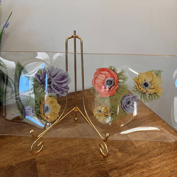 Chance Glass Anemone Floral Plates Gold Rim Rectangular and Oval Vintage UK MCM - Picture 3 of 7